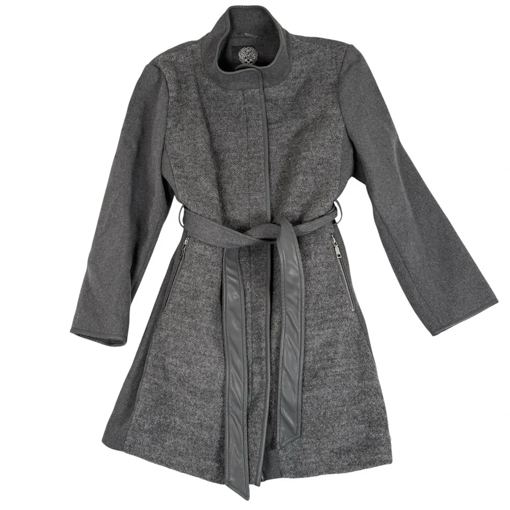 Vince Camuto Wool High‎ Neck Belted PU Trim Coat Womens XXL Gray